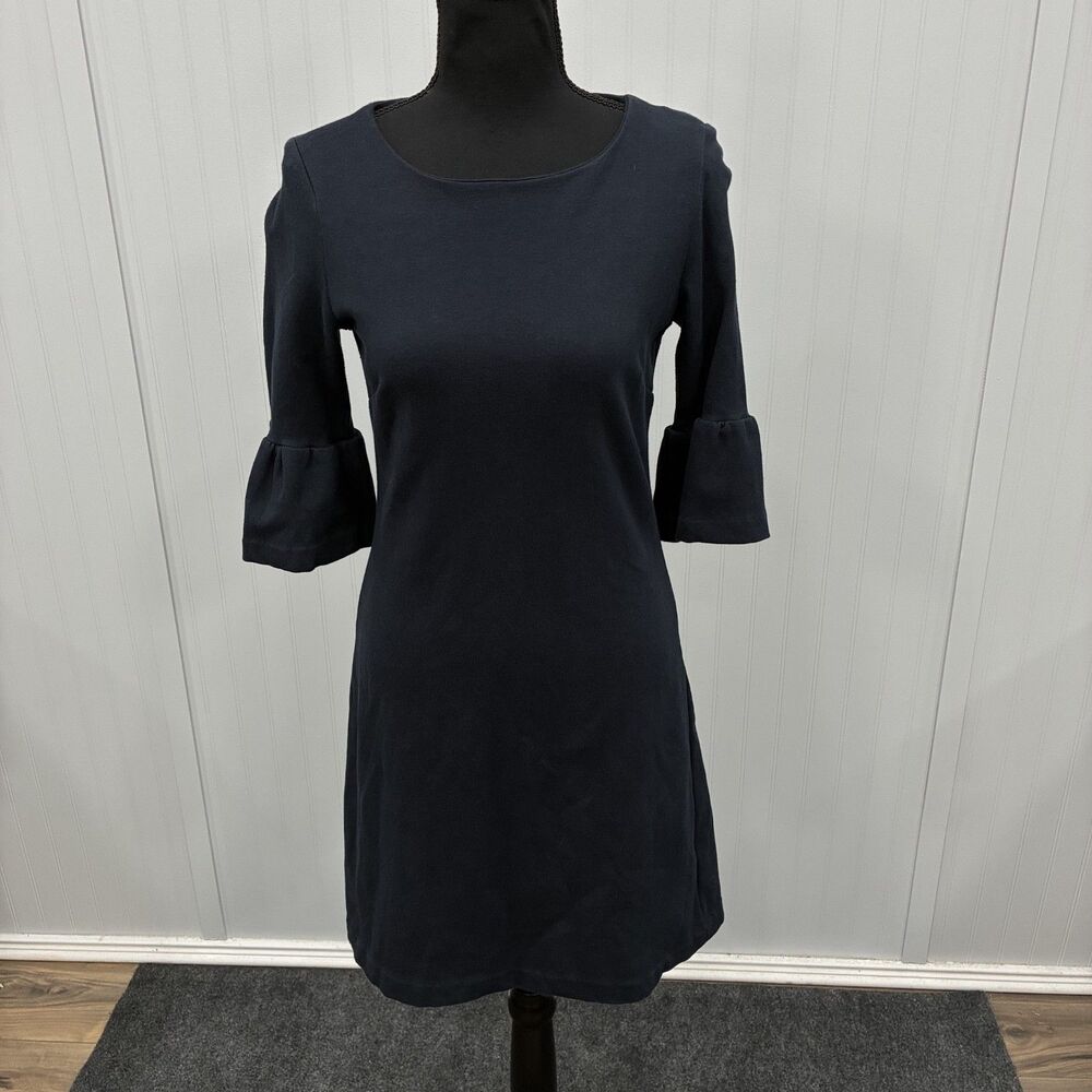 Elizabeth McKay Women's Small Navy Blue Ruffle Sleeve Shift Dress Designer Chic